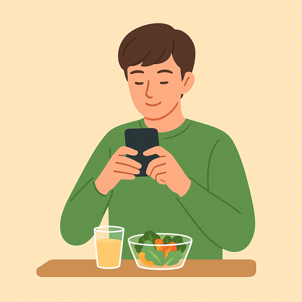 食事の写真を撮る人のイラスト
